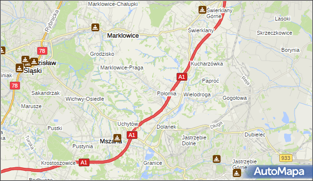 mapa Połomia gmina Mszana, Połomia gmina Mszana na mapie Targeo