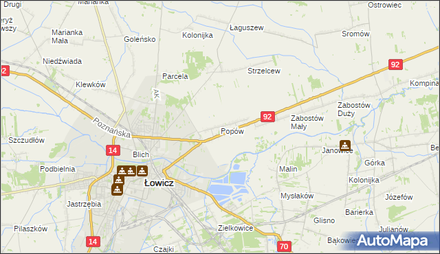 mapa Popów gmina Łowicz, Popów gmina Łowicz na mapie Targeo