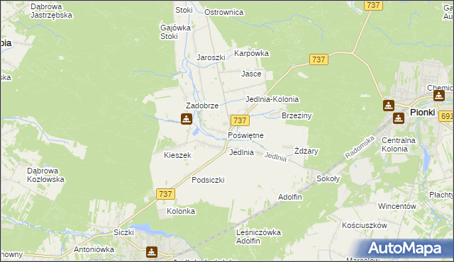 mapa Poświętne gmina Pionki, Poświętne gmina Pionki na mapie Targeo