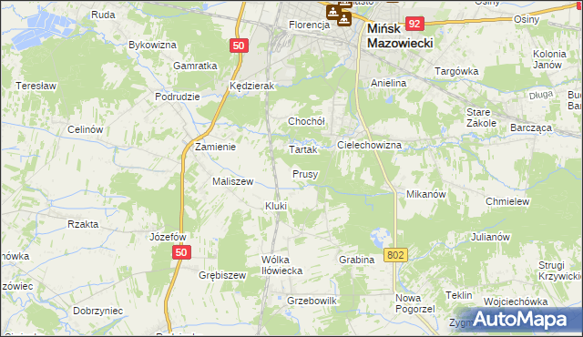 mapa Prusy gmina Mińsk Mazowiecki, Prusy gmina Mińsk Mazowiecki na mapie Targeo