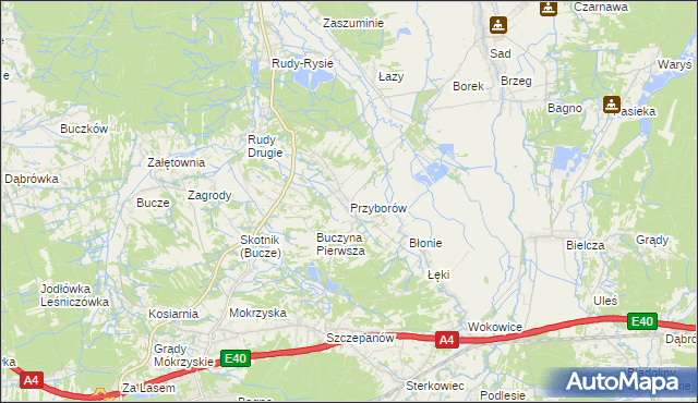 mapa Przyborów gmina Borzęcin, Przyborów gmina Borzęcin na mapie Targeo