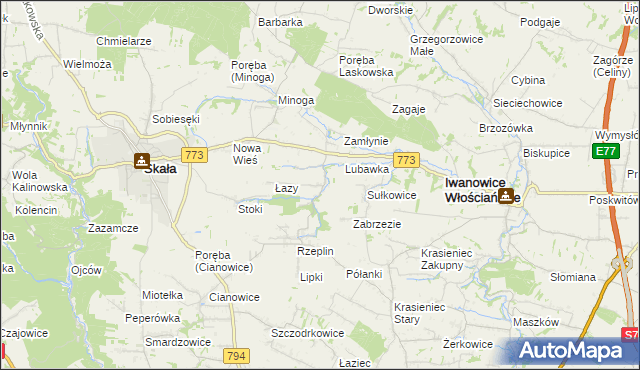 mapa Przybysławice gmina Skała, Przybysławice gmina Skała na mapie Targeo