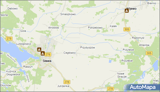 mapa Przybyszów gmina Sława, Przybyszów gmina Sława na mapie Targeo