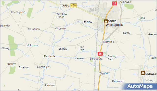 mapa Psie Pole gmina Koźmin Wielkopolski, Psie Pole gmina Koźmin Wielkopolski na mapie Targeo