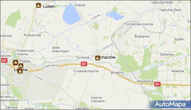mapa Puchaczów powiat łęczyński, Puchaczów powiat łęczyński na mapie Targeo