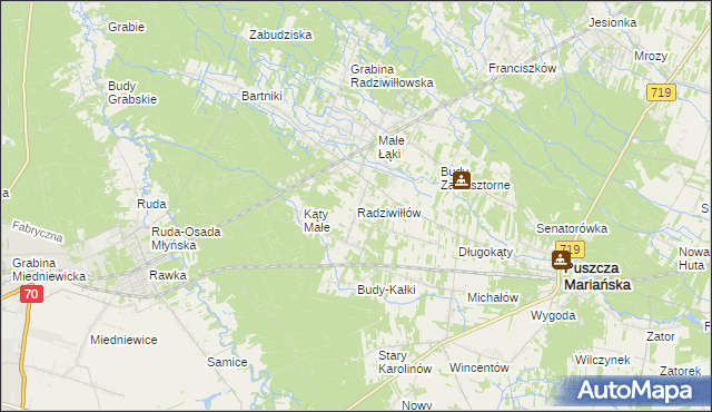 mapa Radziwiłłów gmina Puszcza Mariańska, Radziwiłłów gmina Puszcza Mariańska na mapie Targeo