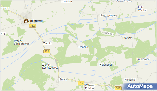 mapa Reńsko gmina Wielichowo, Reńsko gmina Wielichowo na mapie Targeo