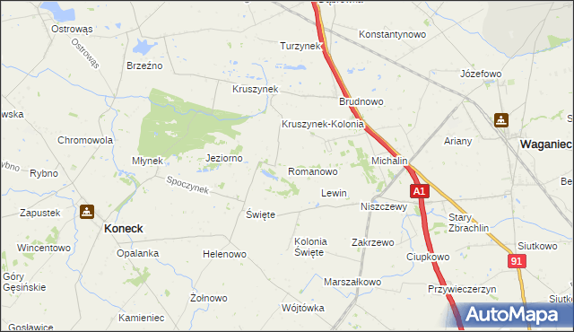 mapa Romanowo gmina Koneck, Romanowo gmina Koneck na mapie Targeo