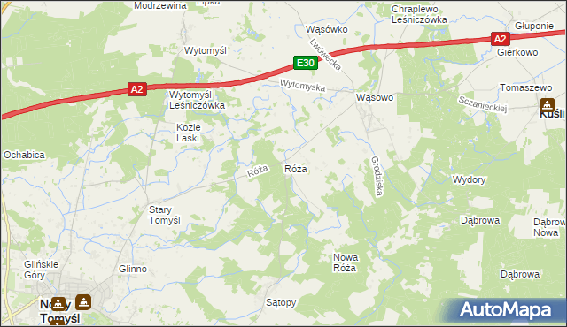 mapa Róża gmina Nowy Tomyśl, Róża gmina Nowy Tomyśl na mapie Targeo