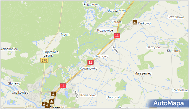 mapa Rożnowo gmina Oborniki, Rożnowo gmina Oborniki na mapie Targeo