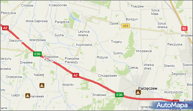 mapa Różyce gmina Parzęczew, Różyce gmina Parzęczew na mapie Targeo