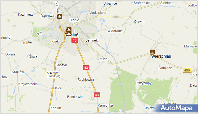 mapa Ruda gmina Wieluń, Ruda gmina Wieluń na mapie Targeo