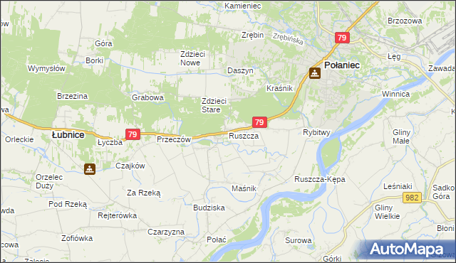 mapa Ruszcza gmina Połaniec, Ruszcza gmina Połaniec na mapie Targeo