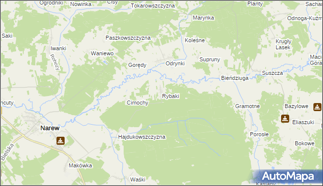 mapa Rybaki gmina Narew, Rybaki gmina Narew na mapie Targeo