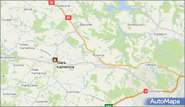 mapa Rybnica gmina Stara Kamienica, Rybnica gmina Stara Kamienica na mapie Targeo