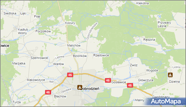 mapa Rzędowice gmina Dobrodzień, Rzędowice gmina Dobrodzień na mapie Targeo