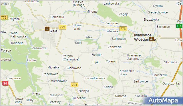 mapa Rzeplin gmina Skała, Rzeplin gmina Skała na mapie Targeo