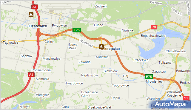 mapa Sadowie gmina Mierzęcice, Sadowie gmina Mierzęcice na mapie Targeo