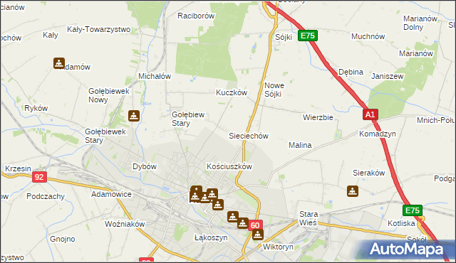 mapa Sieciechów gmina Kutno, Sieciechów gmina Kutno na mapie Targeo