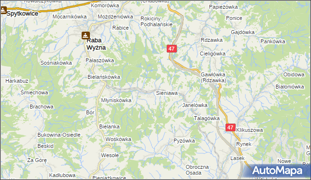 mapa Sieniawa gmina Raba Wyżna, Sieniawa gmina Raba Wyżna na mapie Targeo