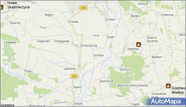 mapa Śmiłów gmina Nowe Skalmierzyce, Śmiłów gmina Nowe Skalmierzyce na mapie Targeo