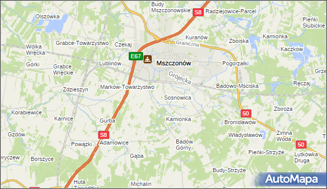 mapa Sosnowica gmina Mszczonów, Sosnowica gmina Mszczonów na mapie Targeo