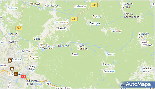 mapa Stara Kuźnica gmina Końskie, Stara Kuźnica gmina Końskie na mapie Targeo