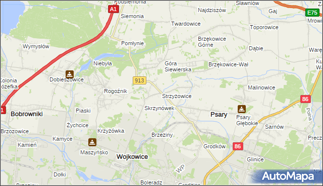 mapa Strzyżowice gmina Psary, Strzyżowice gmina Psary na mapie Targeo