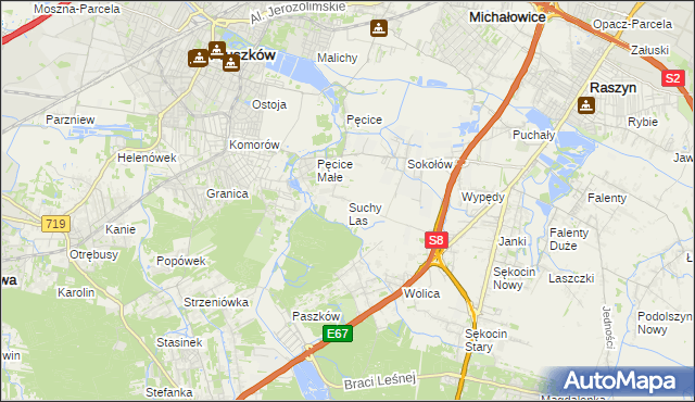 mapa Suchy Las gmina Michałowice, Suchy Las gmina Michałowice na mapie Targeo