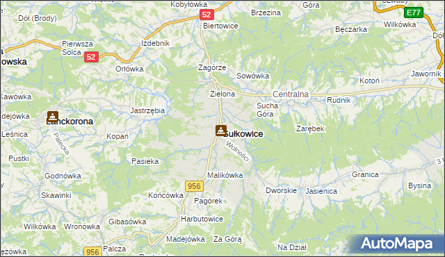 mapa Sułkowice powiat myślenicki, Sułkowice powiat myślenicki na mapie Targeo