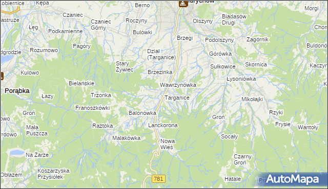 mapa Targanice, Targanice na mapie Targeo