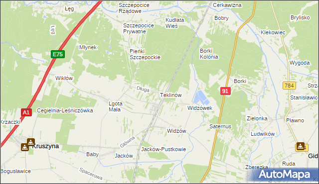 mapa Teklinów gmina Kruszyna, Teklinów gmina Kruszyna na mapie Targeo