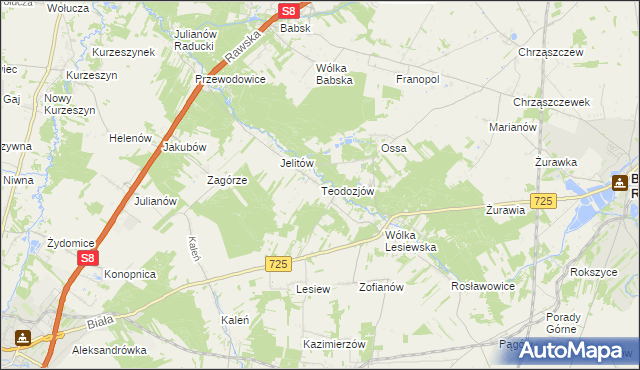 mapa Teodozjów gmina Biała Rawska, Teodozjów gmina Biała Rawska na mapie Targeo