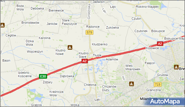 mapa Tłuste gmina Grodzisk Mazowiecki, Tłuste gmina Grodzisk Mazowiecki na mapie Targeo