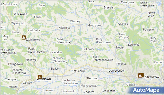 mapa Tułkowice gmina Wiśniowa, Tułkowice gmina Wiśniowa na mapie Targeo