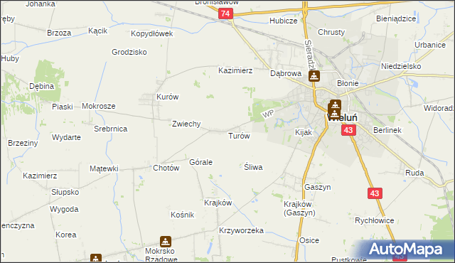 mapa Turów gmina Wieluń, Turów gmina Wieluń na mapie Targeo