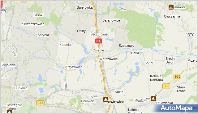 mapa Warszowice, Warszowice na mapie Targeo