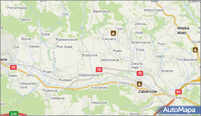 mapa Więckowice gmina Zabierzów, Więckowice gmina Zabierzów na mapie Targeo