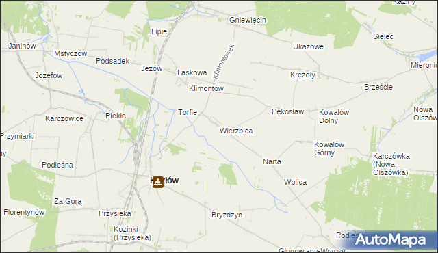 mapa Wierzbica gmina Kozłów, Wierzbica gmina Kozłów na mapie Targeo