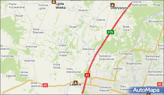 mapa Wierzbica gmina Ładzice, Wierzbica gmina Ładzice na mapie Targeo