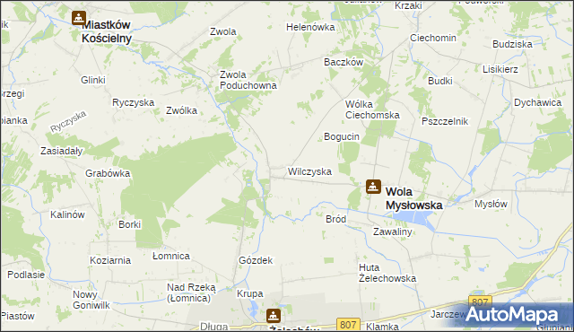 mapa Wilczyska gmina Wola Mysłowska, Wilczyska gmina Wola Mysłowska na mapie Targeo