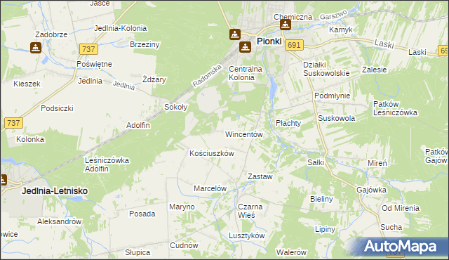 mapa Wincentów gmina Pionki, Wincentów gmina Pionki na mapie Targeo