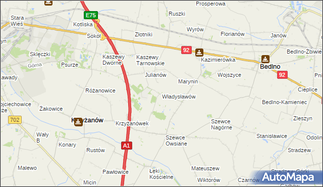 mapa Władysławów gmina Krzyżanów, Władysławów gmina Krzyżanów na mapie Targeo