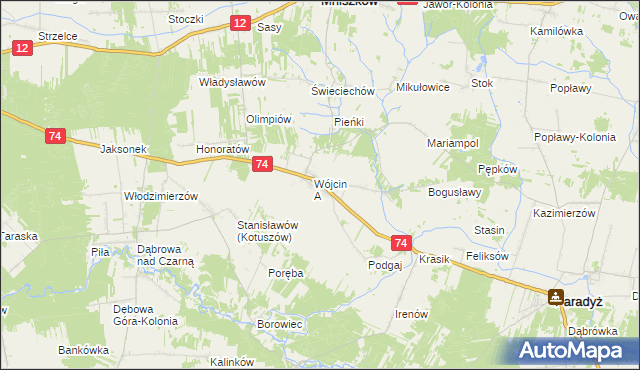 mapa Wójcin gmina Paradyż, Wójcin gmina Paradyż na mapie Targeo