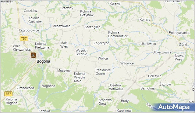 mapa Wolica gmina Bogoria, Wolica gmina Bogoria na mapie Targeo