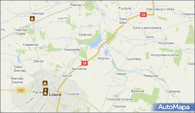 mapa Woźniki gmina Łosice, Woźniki gmina Łosice na mapie Targeo