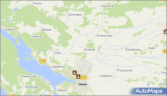 mapa Wróblów gmina Sława, Wróblów gmina Sława na mapie Targeo