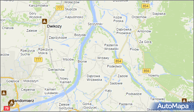 mapa Wrzawy gmina Gorzyce, Wrzawy gmina Gorzyce na mapie Targeo