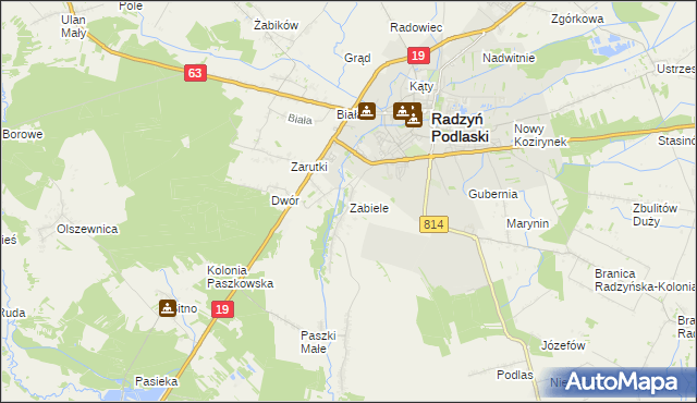 mapa Zabiele gmina Radzyń Podlaski, Zabiele gmina Radzyń Podlaski na mapie Targeo