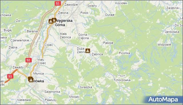 mapa Żabnica gmina Węgierska Górka, Żabnica gmina Węgierska Górka na mapie Targeo